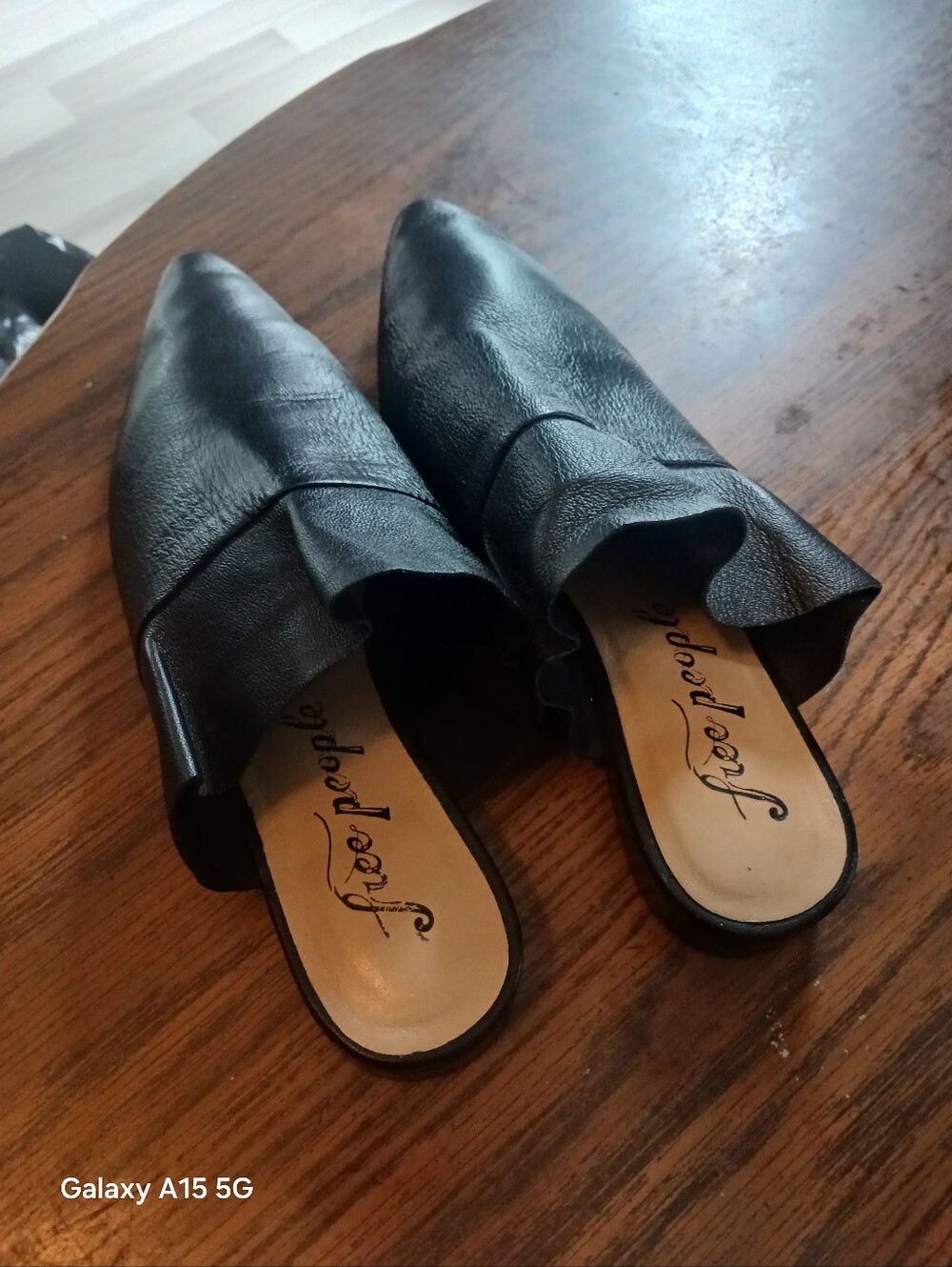 Free People Black Leather Ruffle-Trim Slip-On Mules